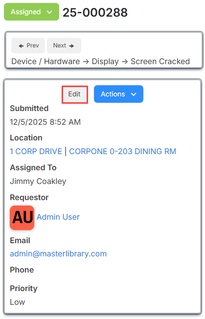 Request details page with Edit highlighted